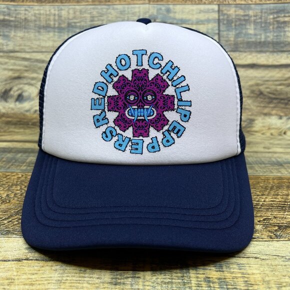 Red Hot Chili Peppers Mens Trucker Hat Navy Snapback RHCP Retro Logo Ball Cap - Picture 1 of 8